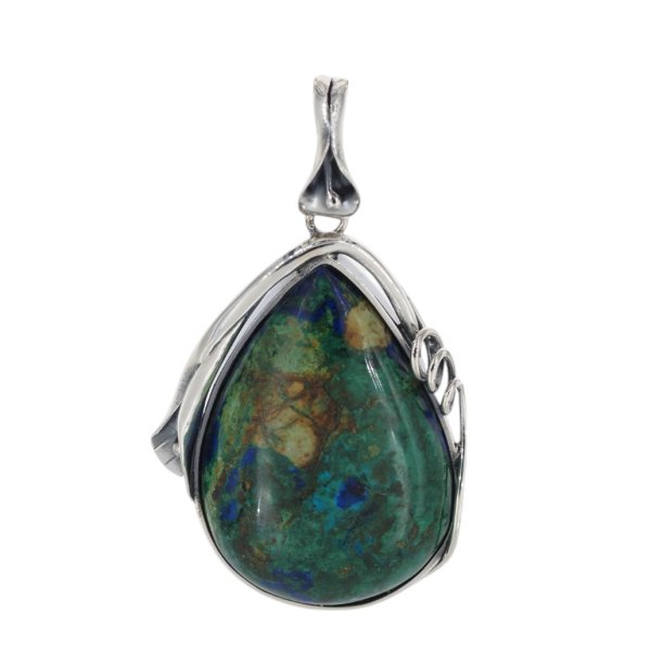 Azuryt i srebro oksydowane - zawieszka łza z liśćmi