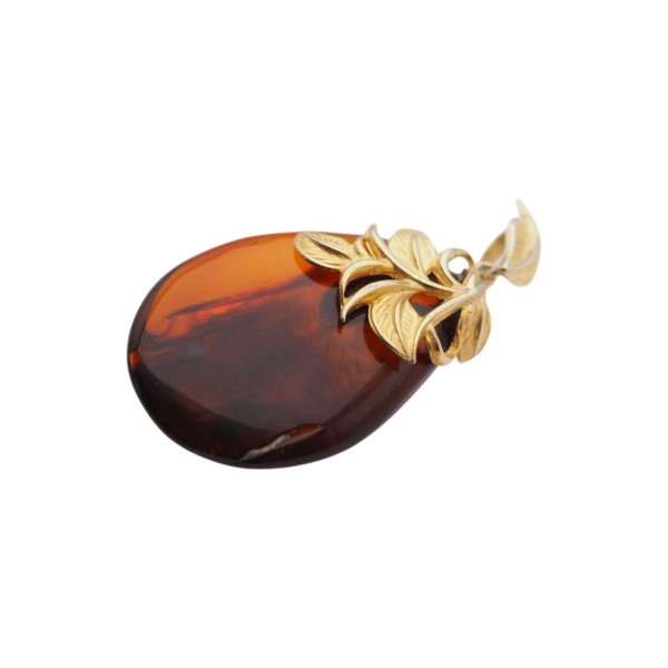Koniakowy Bursztyn i srebro złocone - zawieszka z liśćmi