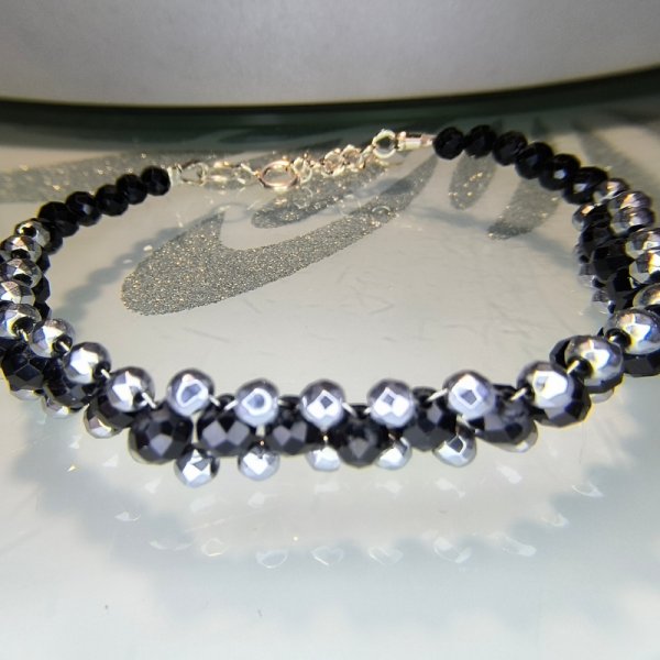 Turmalin Czarny i Hematyt w srebrze - bransoletka pleciona