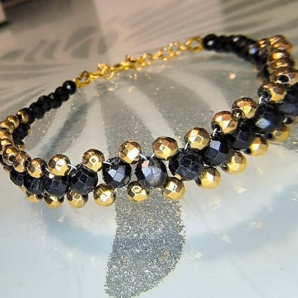 Turmalin Czarny i Hematyt w srebrze - bransoletka pleciona