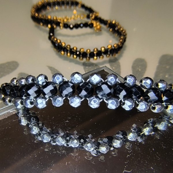 Turmalin Czarny i Hematyt w srebrze - bransoletka pleciona