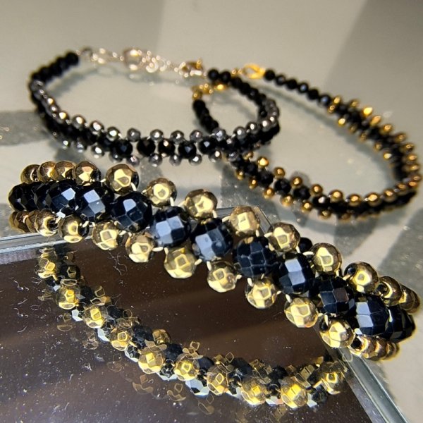 Turmalin Czarny i Hematyt w srebrze - bransoletka pleciona