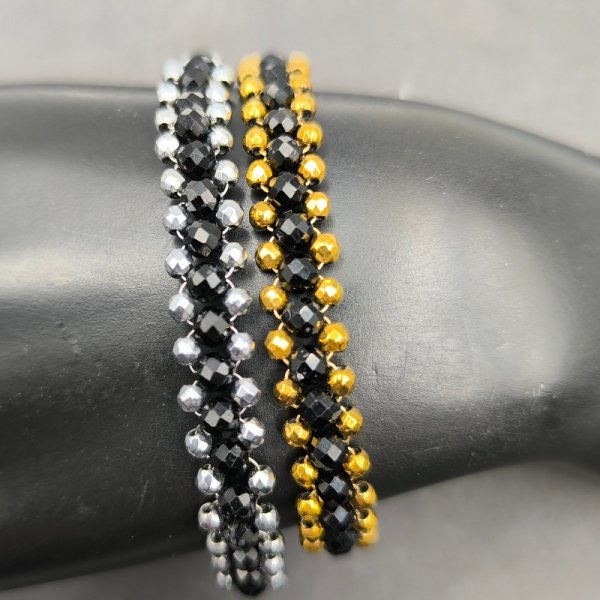 Turmalin Czarny i Hematyt w srebrze - bransoletka pleciona