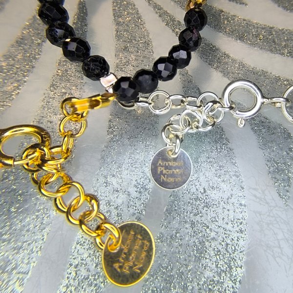 Turmalin Czarny i Hematyt w srebrze - bransoletka pleciona