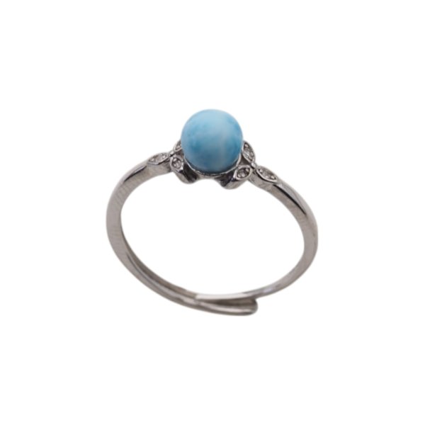 Larimar, cyrkonie i srebro rodowane - regulowany pierścionek kulka