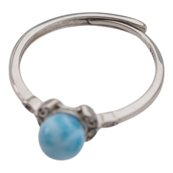 Larimar, cyrkonie i srebro rodowane - regulowany pierścionek kulka