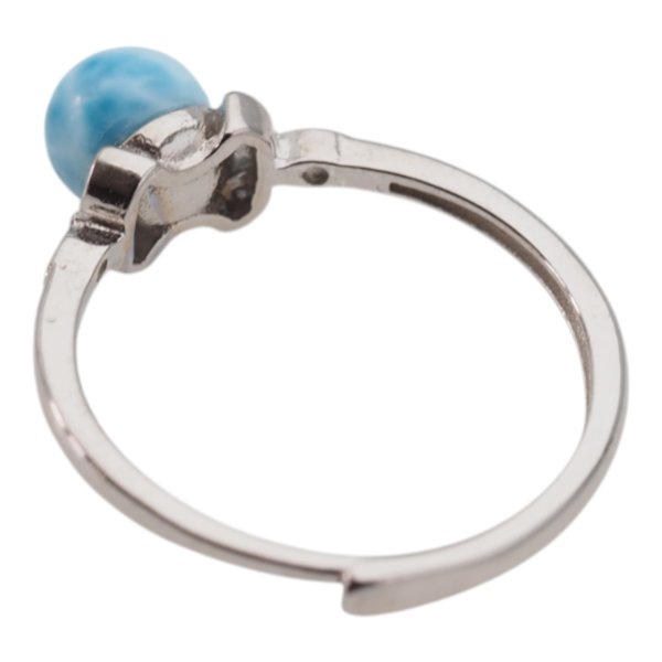 Larimar, cyrkonie i srebro rodowane - regulowany pierścionek kulka