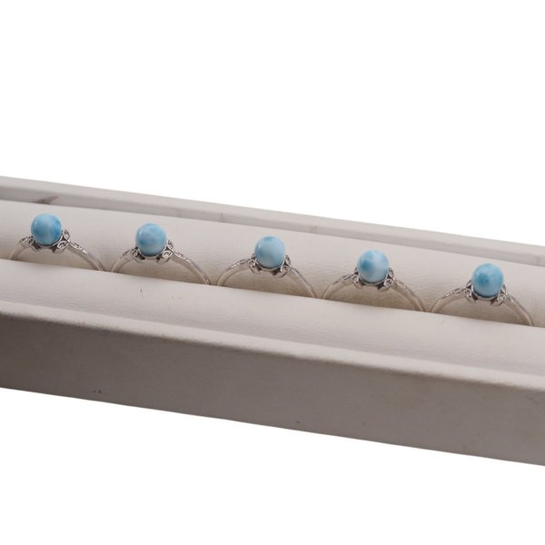 Larimar, cyrkonie i srebro rodowane - regulowany pierścionek kulka