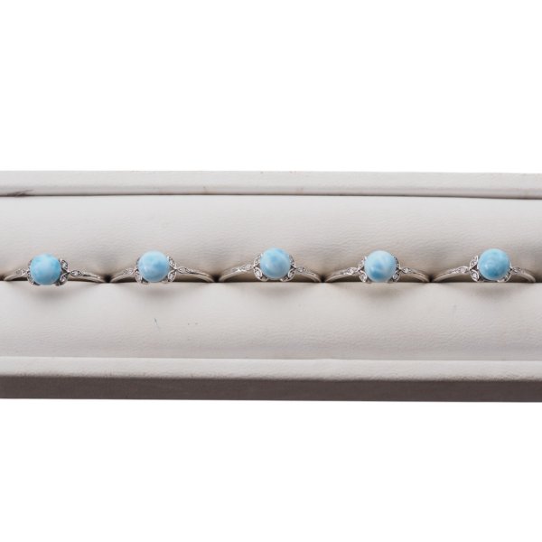 Larimar, cyrkonie i srebro rodowane - regulowany pierścionek kulka