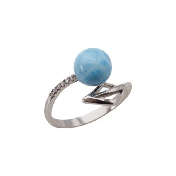 Larimar, cyrkonie i srebro rodowane - regulowany pierścionek kulka