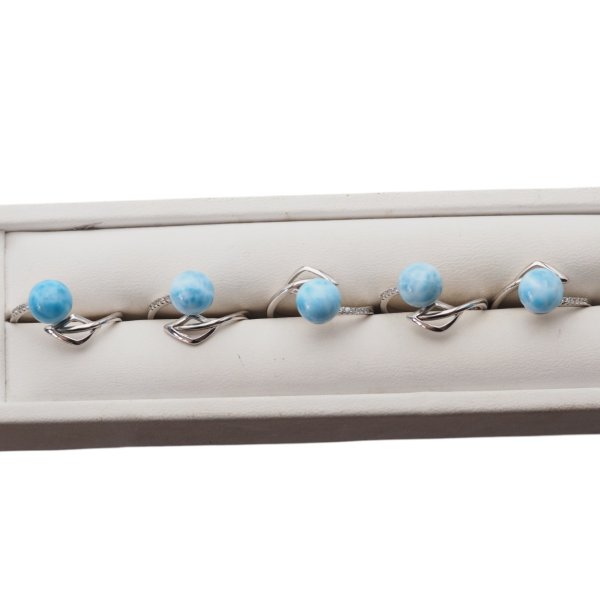 Larimar, cyrkonie i srebro rodowane - regulowany pierścionek kulka