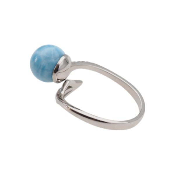 Larimar, cyrkonie i srebro rodowane - regulowany pierścionek kulka