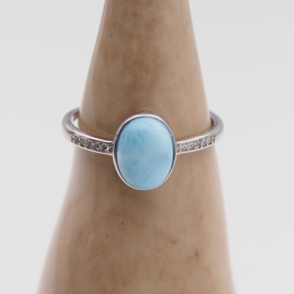 Larimar, cyrkonie i srebro rodowane - regulowany pierścionek owalny