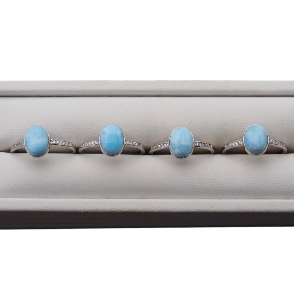 Larimar, cyrkonie i srebro rodowane - regulowany pierścionek owalny