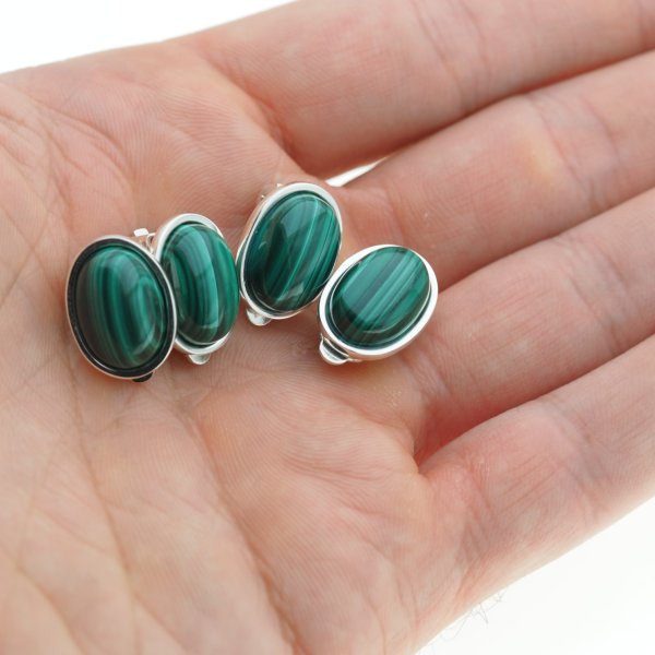 Malachit i srebro - klipsy owale (para)