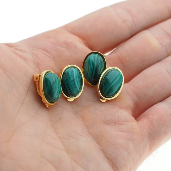 Malachit i srebro złocone - klipsy owale (para)