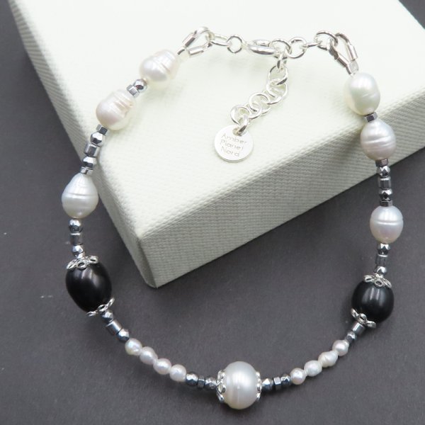 Perły Hodowane, hematy i srebro - bransoletka