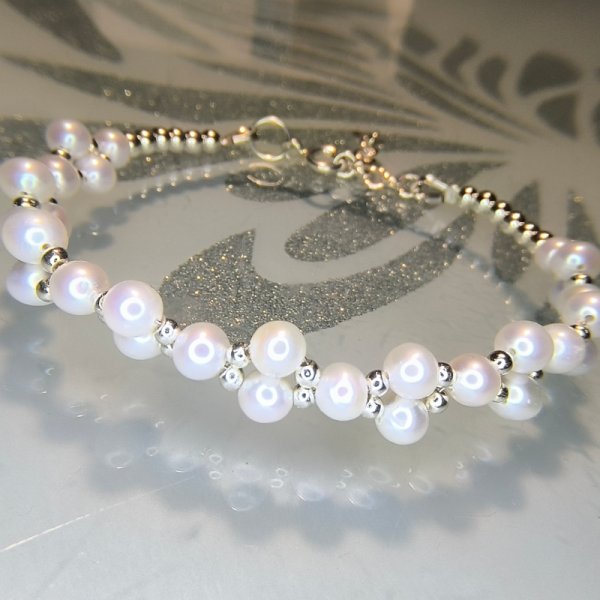 Perły i Hematyt w srebrze - bransoletka pleciona