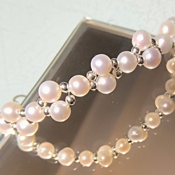 Perły i Hematyt w srebrze - bransoletka pleciona