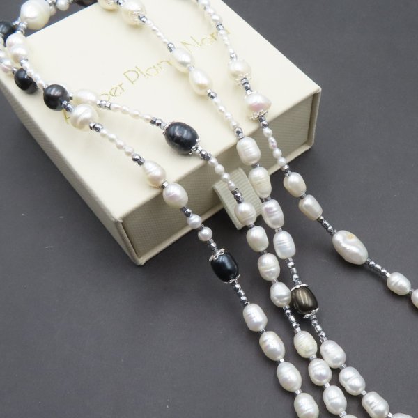 Perły Naturalne, hematyt i srebro - długi naszyjnik 