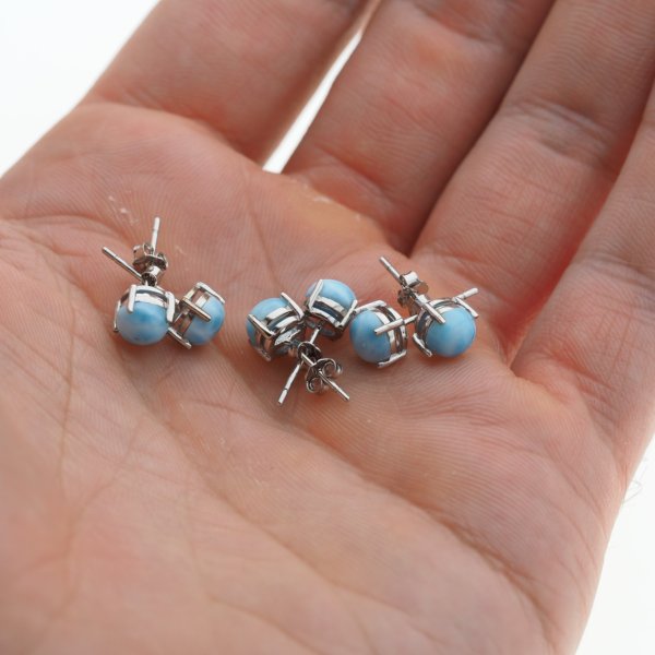 Larimar okrągły w srebrze rodowanym - kolczyki sztyfty