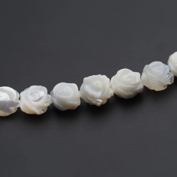 Muszla biała - rzeźbione róże 8 mm (sznur 16cm)