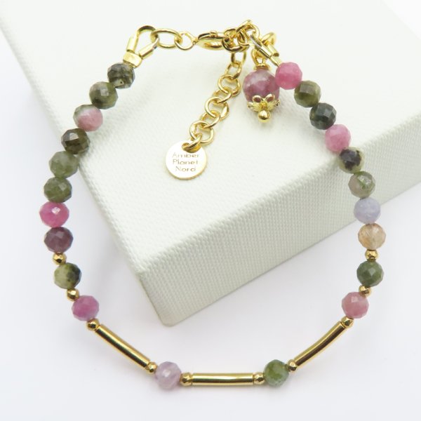 Turmaliny Kolorowe i Hematyt w srebrze złoconym - bransoletka