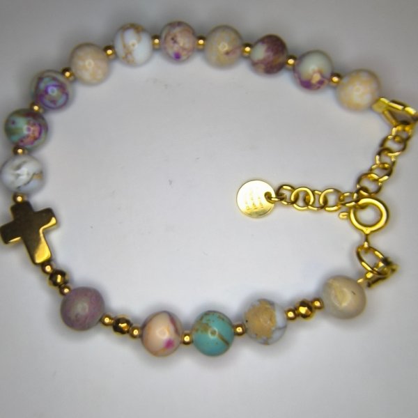 Jaspis Cesarski, hematyt i srebro  - bransoletka różaniec 17 cm + 3 cm regulacja