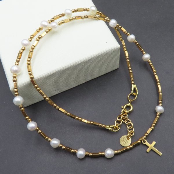 Perły, Hematyt i srebro złocone - naszyjnik różaniec