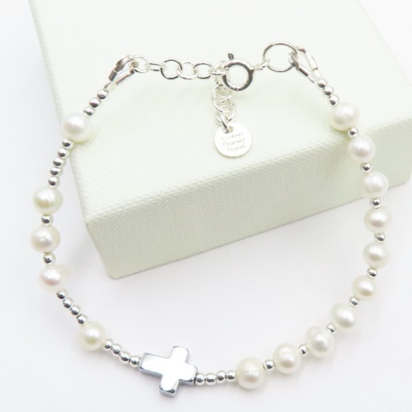 Perła, hematyt i srebro  - bransoletka różaniec 17 cm + 3 cm regulacja