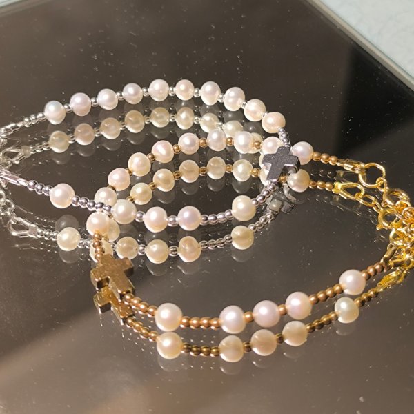 Perła, hematyt i srebro  - bransoletka różaniec 17 cm + 3 cm regulacja