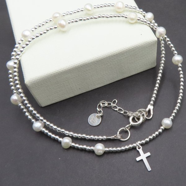 Perły, Hematyt i srebro - naszyjnik różaniec