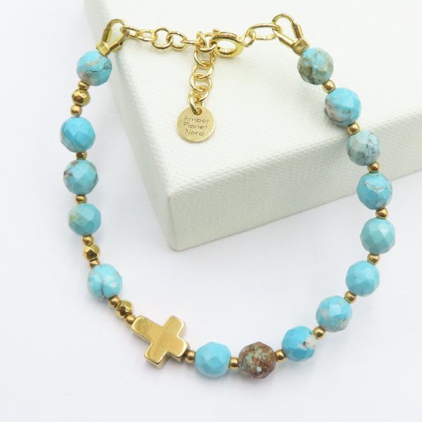 Turkus, hematyt i srebro  - bransoletka różaniec 17 cm + 3 cm regulacja