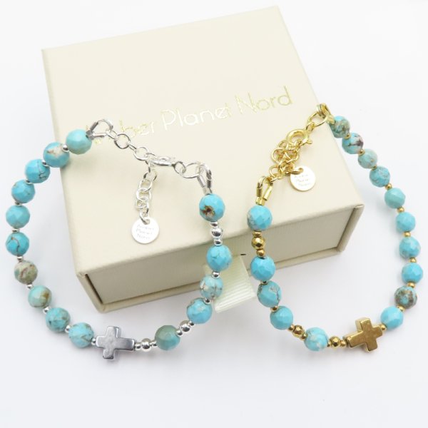 Turkus, hematyt i srebro  - bransoletka różaniec 17 cm + 3 cm regulacja