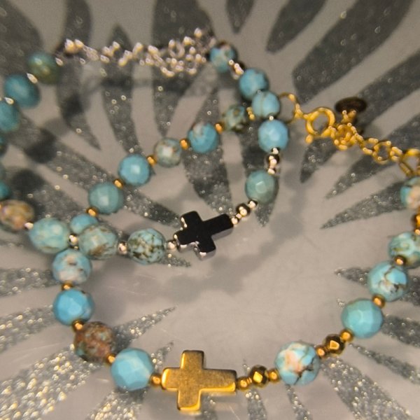 Turkus, hematyt i srebro  - bransoletka różaniec 17 cm + 3 cm regulacja