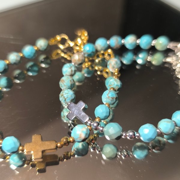 Turkus, hematyt i srebro  - bransoletka różaniec 17 cm + 3 cm regulacja