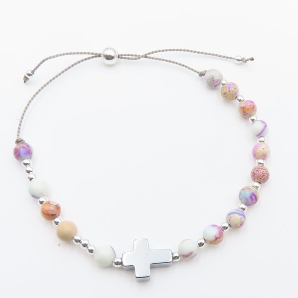 Jaspis cesarski, hematyt i srebro  - bransoletka różaniec na sznurku