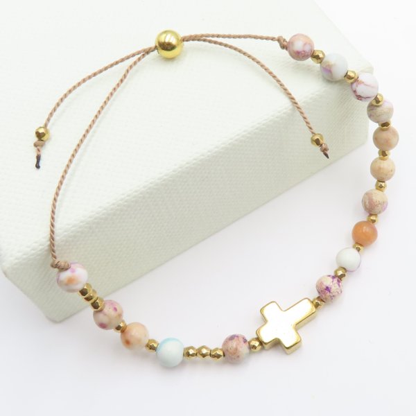 Jaspis cesarski, hematyt i srebro złocone  - bransoletka różaniec na sznurku