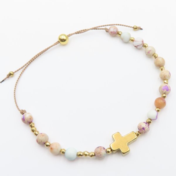 Jaspis cesarski, hematyt i srebro złocone  - bransoletka różaniec na sznurku