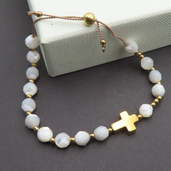 Muszla, hematyt i srebro złocone  - bransoletka różaniec na sznurku