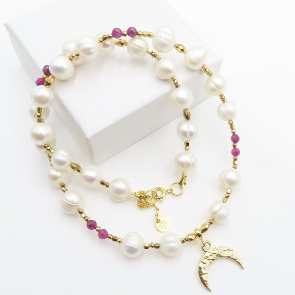 Perły Naturalne, Rubin i hematyt w srebrze złoconym - naszyjnik 