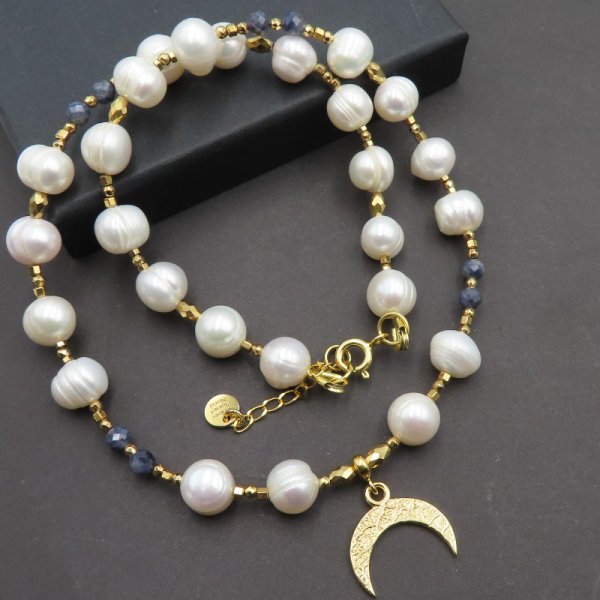 Perły Naturalne, Szafir i hematyt w srebrze złoconym - naszyjnik 