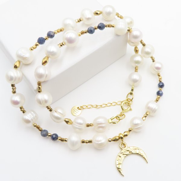 Perły Naturalne, Szafir i hematyt w srebrze złoconym - naszyjnik 