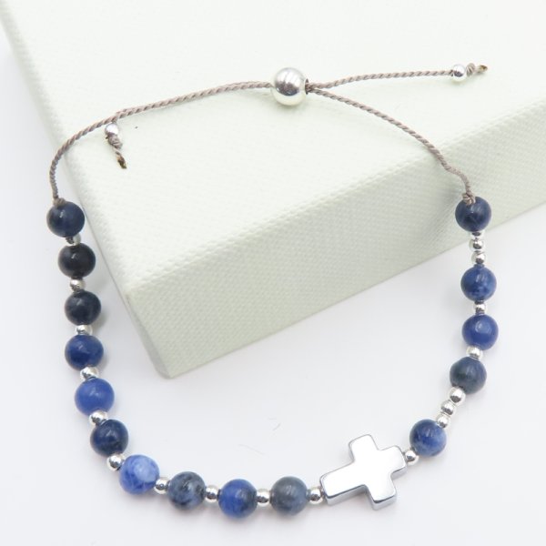 Sodalit, hematyt i srebro  - bransoletka różaniec na sznurku
