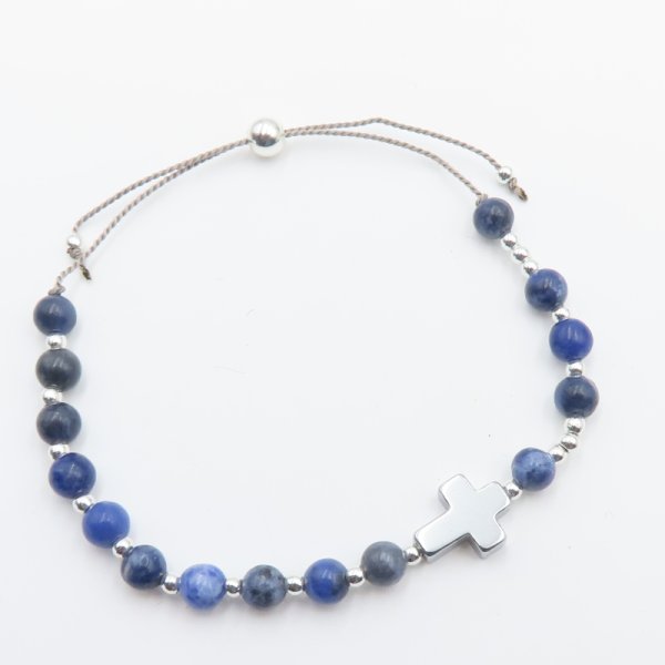 Sodalit, hematyt i srebro  - bransoletka różaniec na sznurku