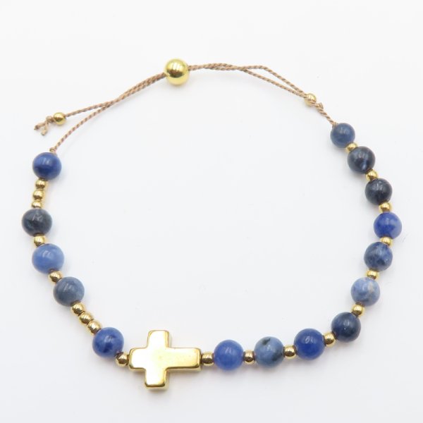 Sodalit, hematyt i srebro złocone - bransoletka różaniec na sznurku