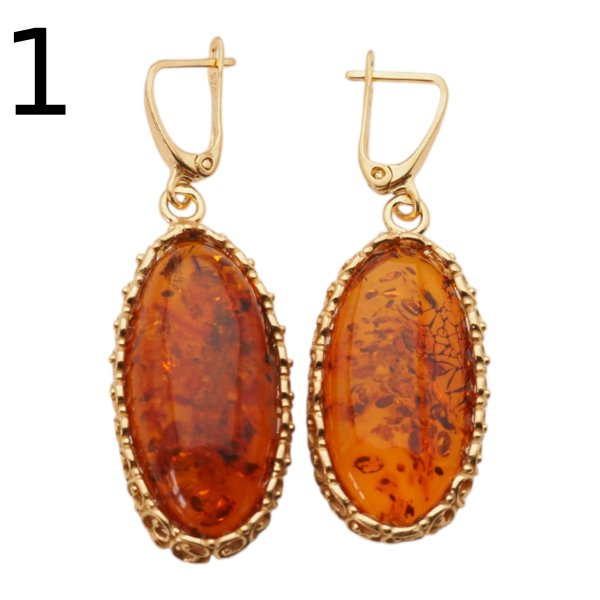 Koniakowy Bursztyn w srebrze złoconym - kolczyki owale