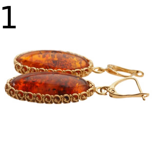 Koniakowy Bursztyn w srebrze złoconym - kolczyki owale