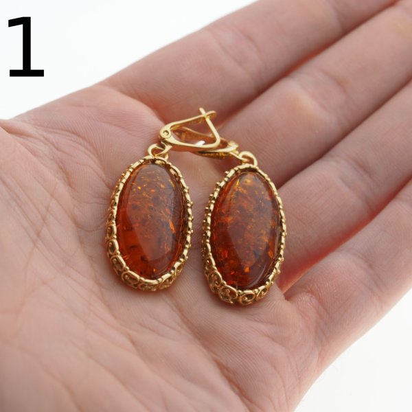 Koniakowy Bursztyn w srebrze złoconym - kolczyki owale