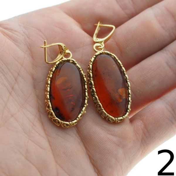 Koniakowy Bursztyn w srebrze złoconym - kolczyki owale